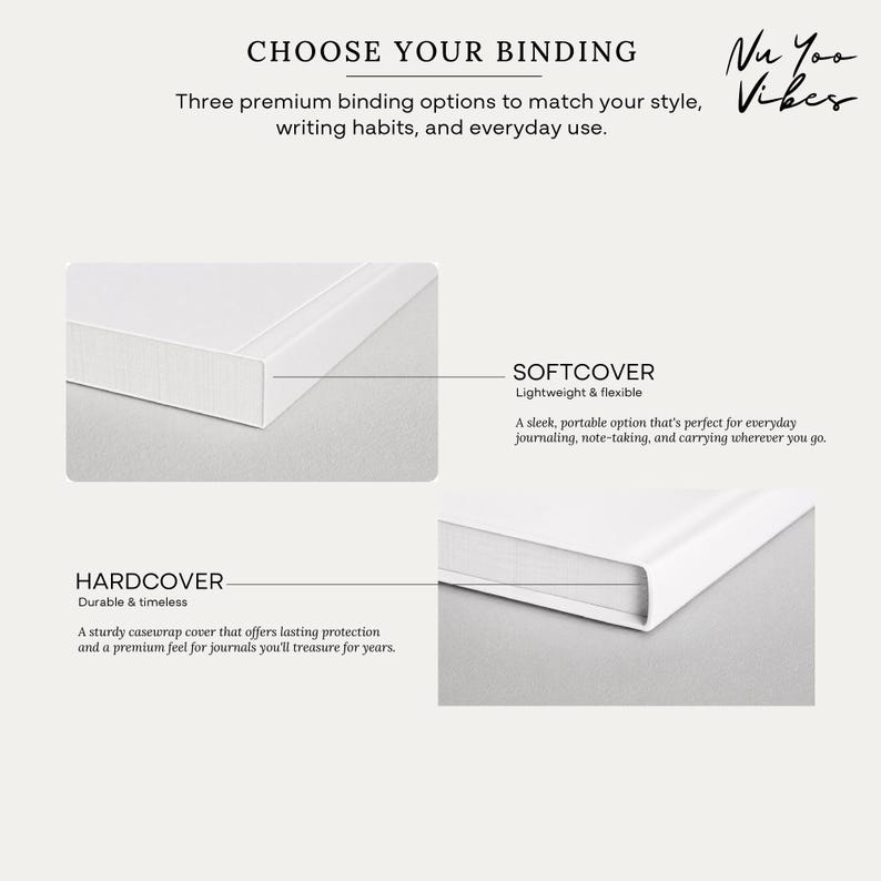 Comparison of hardcover and softcover binding options for a personalized recipe journal.