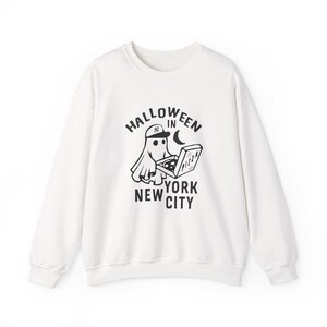 NYC Halloween Sweatshirt - Ghost, Pizza & Yankees Design - Spooky Crewneck Pullover- gift for halloween-Halloween new york city Sweatshirt
