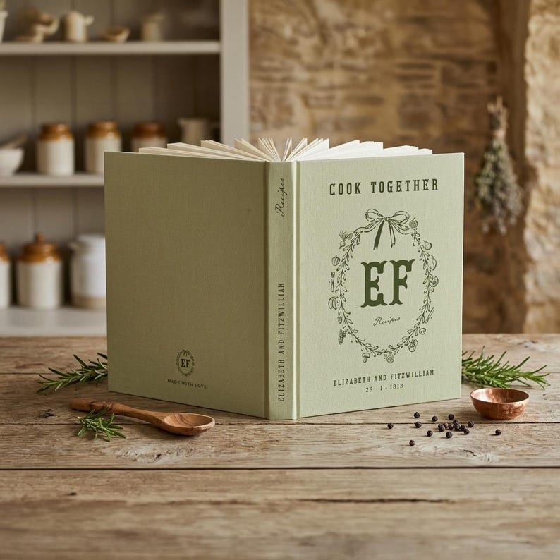 Personalized recipe book for couples in mint  hardcover, monogram EF inside a hand drawn botanical wreath, Cook Together above and the names Elizabeth and Fitzwilliam with their wedding date below, spine and back cover shown.