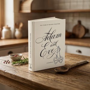 Personalized recipe book for couples in cream color hardcover, the names Adam and Eve in flowing cream calligraphy with two heart lockets, Ten Years of Recipes Together on cover and spine.