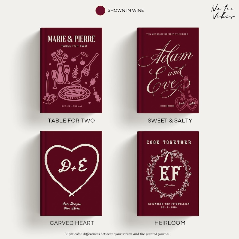 May include: Four wine-colored hardcover journals with white custom text and illustrations. Top left features Marie & Pierre Table for Two with food icons. Top right shows Adam and Eve with heart charms. Bottom left displays a carved heart with D+E. Bottom right shows a floral wreath with EF.