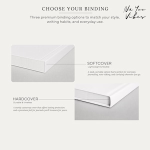 May include: An informational graphic titled CHOOSE YOUR BINDING by Nu Yoo Vibes. It displays two white book binding styles: a softcover with a flexible edge and a hardcover with a sturdy casewrap cover, each labeled with descriptive text.