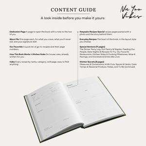 May include: An open recipe book titled Content Guide by Nu Yoo Vibes, displaying a two-page spread with sections for recipes, ingredients, directions, and memories. The text outlines book features including a dedication page, index, and kitchen secrets.