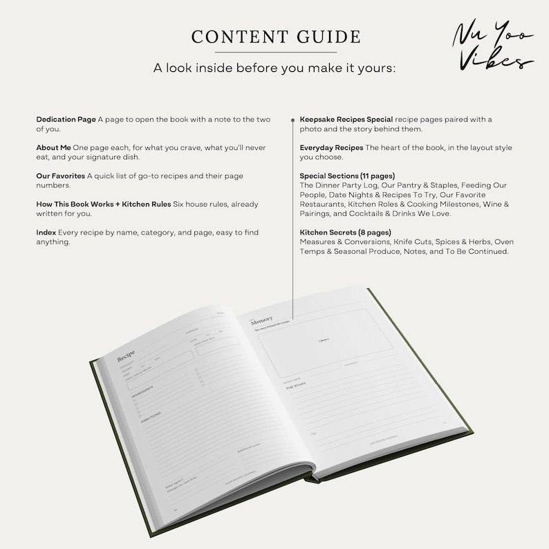 May include: An open recipe book titled Content Guide by Nu Yoo Vibes, displaying a two-page spread with sections for recipes, ingredients, directions, and memories. The text outlines book features including a dedication page, index, and kitchen secrets.