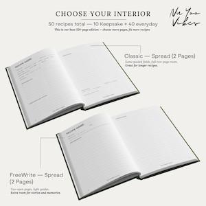 May include: Two open recipe journals with dark green covers. The top journal shows a Classic spread with fields for recipe name, ingredients, and preparation notes. The bottom journal shows a FreeWrite spread with lined pages for notes.
