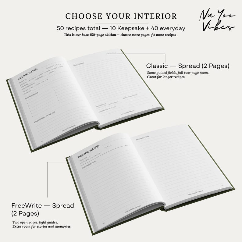 May include: Two open recipe journals with dark green covers. The top journal shows a Classic spread with fields for recipe name, ingredients, and preparation notes. The bottom journal shows a FreeWrite spread with lined pages for notes.