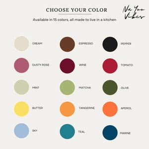 May include: A color chart titled CHOOSE YOUR COLOR by Nu Yoo Vibes displaying 15 circular swatches with labels: Cream, Espresso, Pepper, Dusty Rose, Wine, Tomato, Mint, Matcha, Olive, Butter, Tangerine, Aperol, Sky, Teal, and Marine.