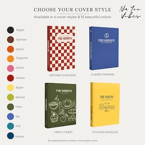 Four personalized cookbook cover designs available in multiple colors, including minimal, vintage checkered, family doodle, and baking styles.