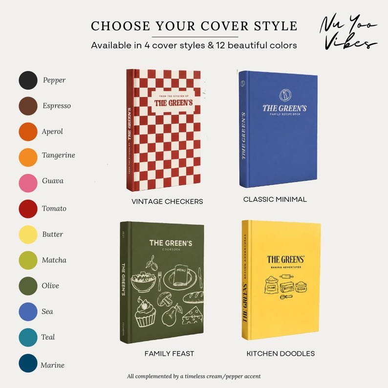 Four personalized cookbook cover designs available in multiple colors, including minimal, vintage checkered, family doodle, and baking styles.
