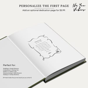 May include: An open journal with a white page featuring a decorative black border and printed text that reads My dear Zof, My Little Chef. The text includes a message about family flavours and is signed Mom. The journal has a dark green cover.