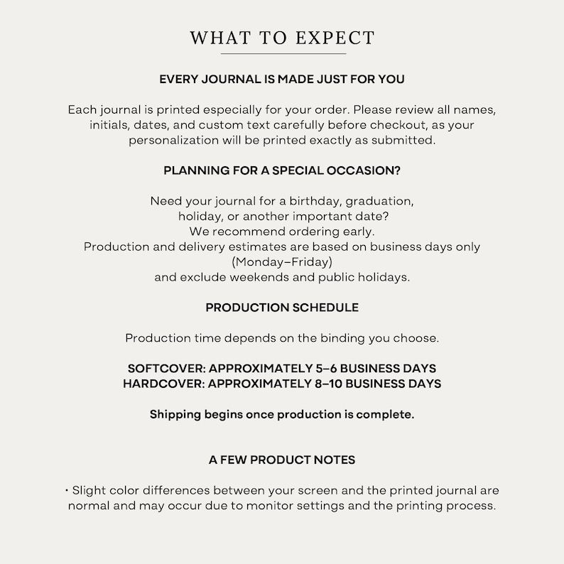 Production times, personalization information, and important ordering details for the personalized family recipe journal.