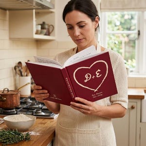 Woman in a kitchen holding an open personalized recipe book for couples in deep red hardcover, carved heart with the initials D and E on the cover, handwritten recipe pages inside, flour and rosemary on the counter.