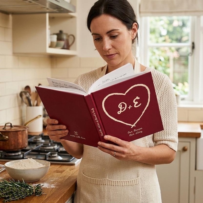Woman in a kitchen holding an open personalized recipe book for couples in deep red hardcover, carved heart with the initials D and E on the cover, handwritten recipe pages inside, flour and rosemary on the counter.