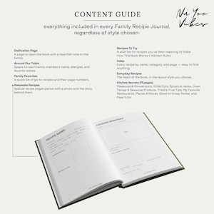 Preview of the recipe journal contents including keepsake recipes, recipe index, kitchen reference pages, and family favorites.
