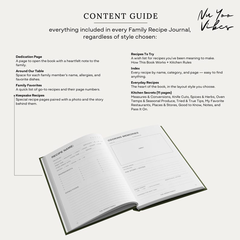 Preview of the recipe journal contents including keepsake recipes, recipe index, kitchen reference pages, and family favorites.