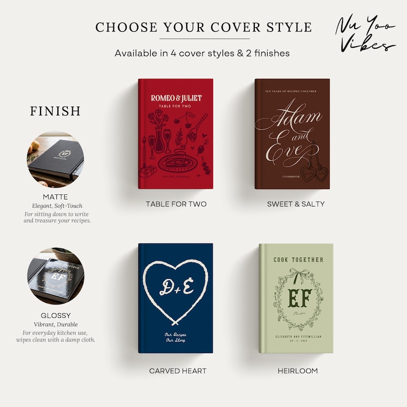 May include: Four rectangular recipe books with distinct cover designs: a red Table for Two, a brown Adam and Eve, a blue Carved Heart with initials D+E, and a light green Heirloom book. The image displays matte and glossy finish options.