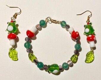Ensemble boucles d'oreilles grenouille champignon et bracelet, bijoux décoratifs, accessoire de fée, cadeau forêt pour amis
