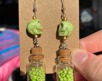 Green poison earrings, Gothic Edwardian, Scheele's green, Poison earrings for Halloween, Gothic Bottle earrings, apothecary.