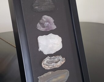 Natural Stone Wall Art Collection in Shadowbox Explore Collection Agate, Geode, Quartz, Amethyst, Tourmaline, and Mica