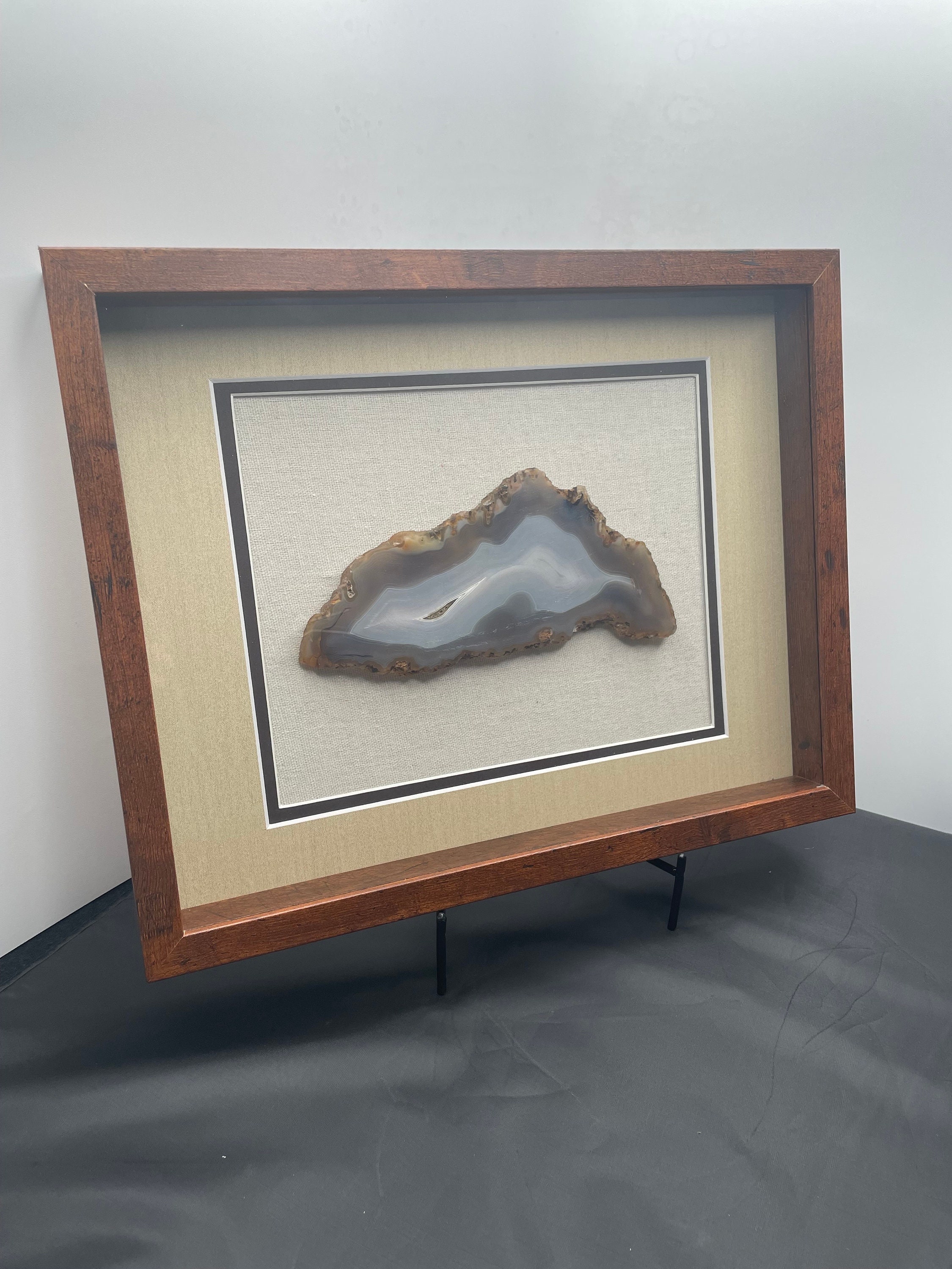 Large Mountain Agate in Wooden Frame.  Natural Mineral Art Piece