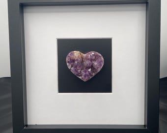 Amethyst Crystal Heart in hanging wooden Frame Wall Art.  MISFIT
