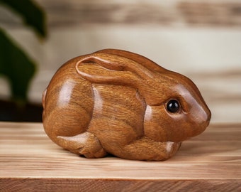 Houten konijnensculptuur | Woondecoratie Sandelhoutsnijwerk | Houten konijn cadeau | Houten konijn middelpunt