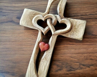 Wood Carved Cross | Wooden Figurine | Wooden Intertwined Hearts | Home Decor Wooden Religious Gift