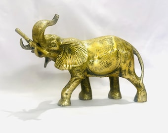 Vintage Hand Etched Cast Brass Elephant Statue Sculpture Decor