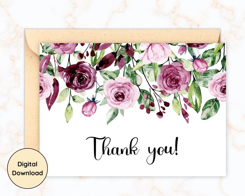 Floral Roses Thank You Card - Printable 5x7 (digital Download) - Etsy