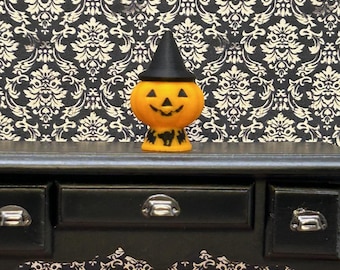 Miniature Dollhouse Lighted Halloween Blow Mold Pumpkin with Witch Hat