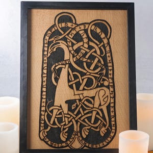 Viking age runestone engraved in oak (Thor&#39;s wood) and mounted in picture frame, Vs 29