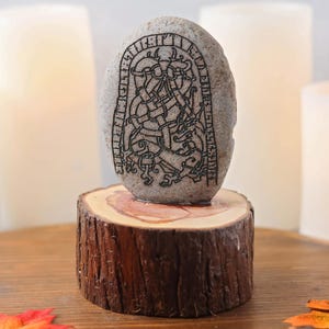 Viking age runestone cut in stone and mounted in cedar cross-section, Nä 34