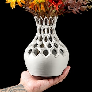 Hexa Geometrische Blumenvase - 3D gedruckte dekorative Vase mit Wabenmuster, modernes skulpturales Wohndekor für getrocknete oder künstliche Blumen