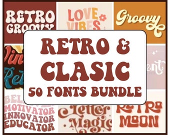 50 RETRO FONT BUNDLE, Fuente Groovy, Paquete de fuentes, Fuente retro, Fuente vintage, Fuente Cricut, uso comercial, Fuente de los años 70, Fuente Svg, Fuente TTf