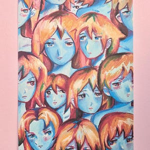 May include: An art print featuring a crowd of stylized faces with blue skin and orange hair. The artwork has a painterly style, with visible brushstrokes and a soft color palette. The faces have a melancholic expression.