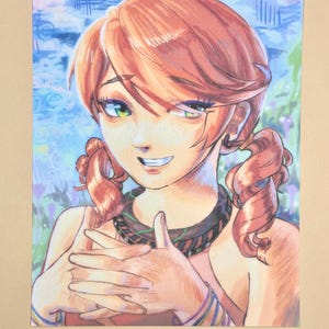 May include: A watercolor illustration of a smiling person with red hair styled in pigtails. The person has green eyes and is wearing a dark necklace and bracelets. The background features a blue and purple floral design.