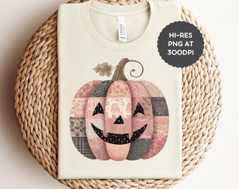 Rosa Patchwork Jack O’Lantern PNG | Cottagecore Pink Halloween Pink Kürbis Sublimation | Rustikale Quilt Herbst Clipart | Gemütlicher Herbst PNG