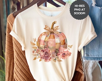 Peach & Pink Patchwork Pumpkin PNG | Floral Boho Fall Pumpkin Clipart with Bow | Cottagecore Autumn PNG for Sublimation Romantic Fall PNG