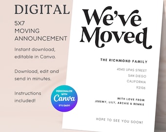 Minimalist Moving Announcement Template: Black & White New Address Card (Digital Download)