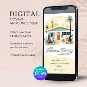 Benutzerdefinierte Umzugsansage Digital für Text auf dem Handy, Neue Adressansage, Wir sind umgezogen Postkarte für Telefon, Mid Century Haus in Kalifornien