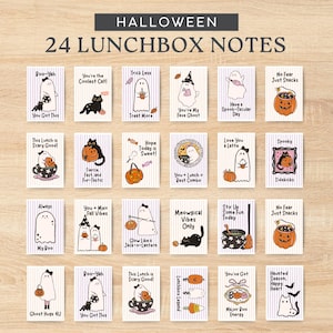 May include: A collection of 24 Halloween lunchbox notes. Each card features a different design with ghosts, pumpkins, and cats. The notes include phrases such as "Boo-Yah", "You're the Coolest Cat!", and "Have a Spook-Tacular Day".