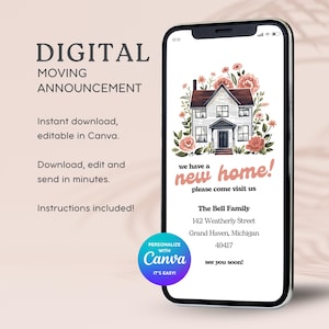 Umzugsansage Digitale Vorlage für Text auf dem Handy, Neue Adressansage, Wir sind umgezogen Postkarte für Telefon, Neue Home-Karte Bauernhaus Art