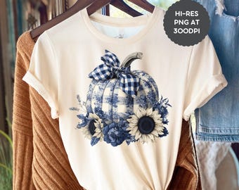 Blue Gingham Pumpkin PNG with Sunflowers & Bow | Farmhouse Fall Sublimation Design | Rustic Autumn Clipart | Cottagecore Pumpkin PNG Digital