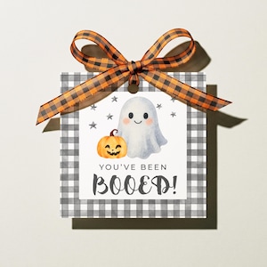 May include: A square gift tag featuring a white center with a watercolor illustration of a ghost and a jack-o'-lantern surrounded by small gray stars. The text reads YOU'VE BEEN BOOED! The tag has a gray buffalo plaid border and an orange and black plaid ribbon bow.