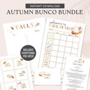 May include: A collection of printable autumn-themed Bunco game sheets. The bundle includes tally sheets, welcome cards, score sheets, and a cheat sheet. The design features fall leaves and the text "Autumn Bunco Bundle".