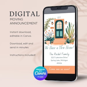 Umzugsansage Digitale Vorlage für Text auf dem Handy, Neue Adressansage, Wir sind umgezogen Postkarte für Telefon, neue Hauskarte Boho Plant Art