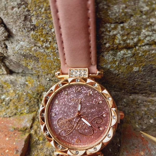 Pink wrist watch with crystals and bracelets set jewellery leather straps gift for her accessories elegant present