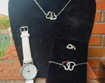 wrist watch leather straps with heart crystals jewellery set necklace earrings ring bracelet gift for her accessories clock white