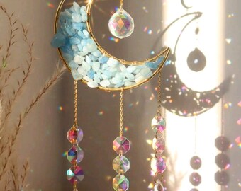 Big Moon Suncatcher, Natural Gravel Wind Chime, Amethyst Gravel Moon Wind Chime, Aurora Gemstone Suncatcher, Rainbow Maker, Window Prism