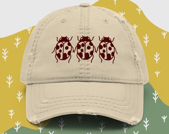 Embroidered Ladybug Cottagecore Distressed Dad Hat, Sad Bug Summer, Last Bug